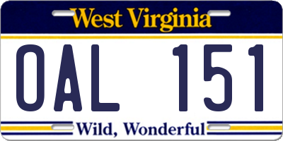 WV license plate OAL151