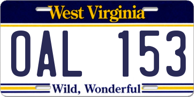 WV license plate OAL153