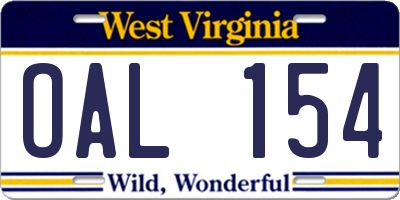 WV license plate OAL154