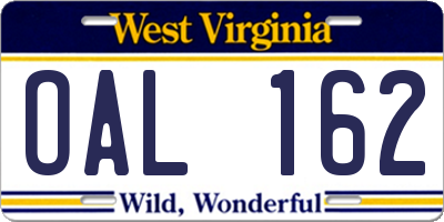WV license plate OAL162