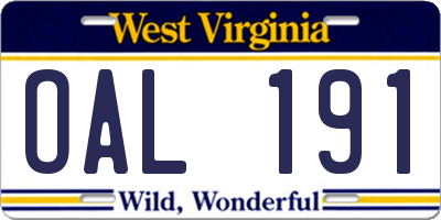 WV license plate OAL191