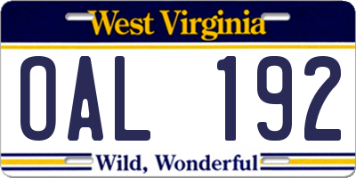 WV license plate OAL192