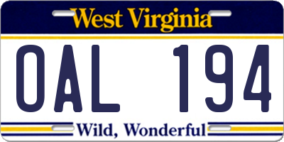 WV license plate OAL194