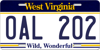 WV license plate OAL202