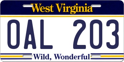 WV license plate OAL203