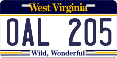 WV license plate OAL205
