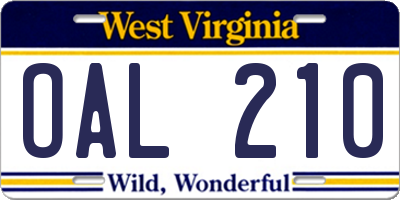 WV license plate OAL210