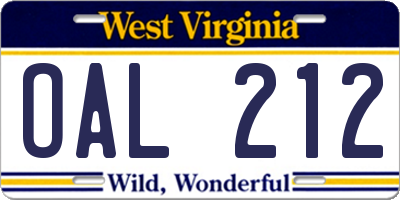 WV license plate OAL212