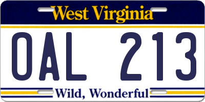 WV license plate OAL213