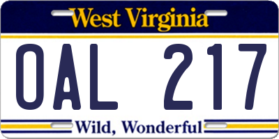 WV license plate OAL217