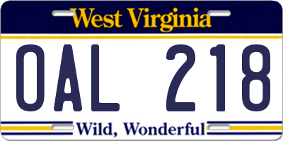 WV license plate OAL218