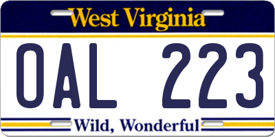WV license plate OAL223