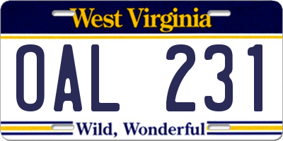 WV license plate OAL231