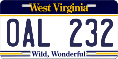 WV license plate OAL232