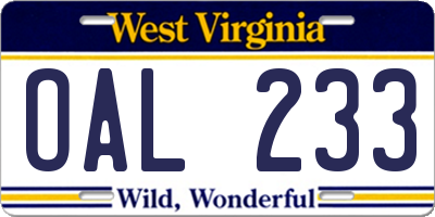 WV license plate OAL233