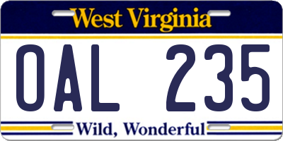 WV license plate OAL235