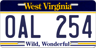 WV license plate OAL254