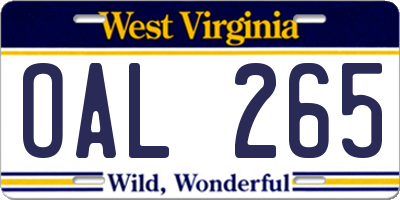 WV license plate OAL265