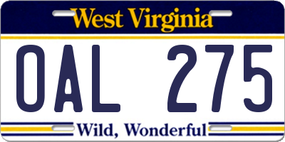 WV license plate OAL275