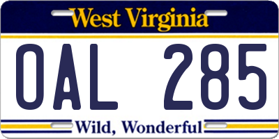 WV license plate OAL285