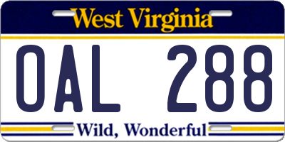 WV license plate OAL288