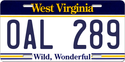 WV license plate OAL289