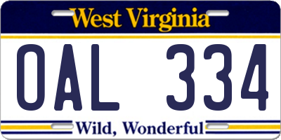 WV license plate OAL334
