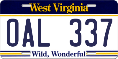 WV license plate OAL337
