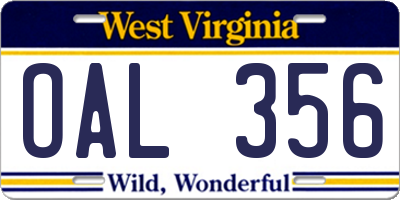WV license plate OAL356