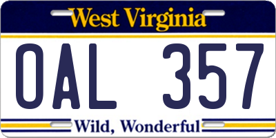 WV license plate OAL357
