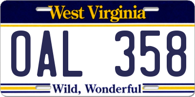 WV license plate OAL358