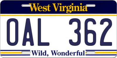 WV license plate OAL362