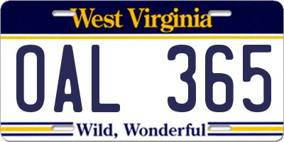 WV license plate OAL365