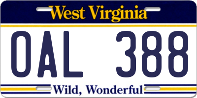 WV license plate OAL388