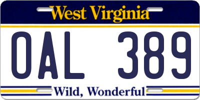 WV license plate OAL389