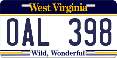 WV license plate OAL398