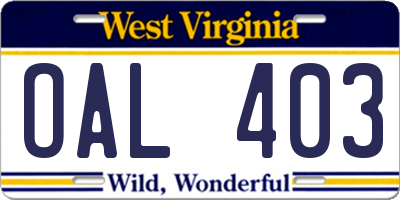 WV license plate OAL403