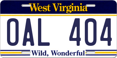 WV license plate OAL404