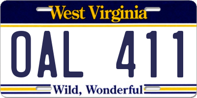 WV license plate OAL411