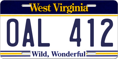WV license plate OAL412