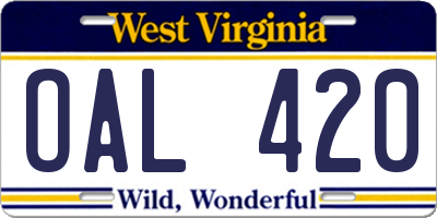 WV license plate OAL420