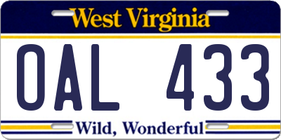 WV license plate OAL433