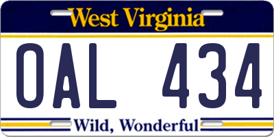 WV license plate OAL434