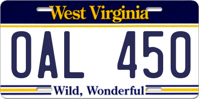 WV license plate OAL450