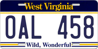 WV license plate OAL458