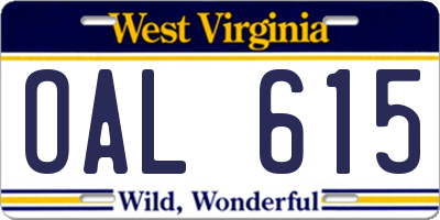 WV license plate OAL615