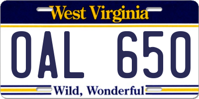WV license plate OAL650