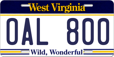 WV license plate OAL800