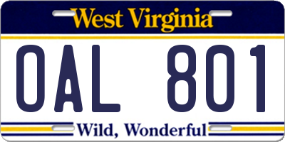 WV license plate OAL801