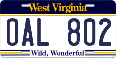 WV license plate OAL802